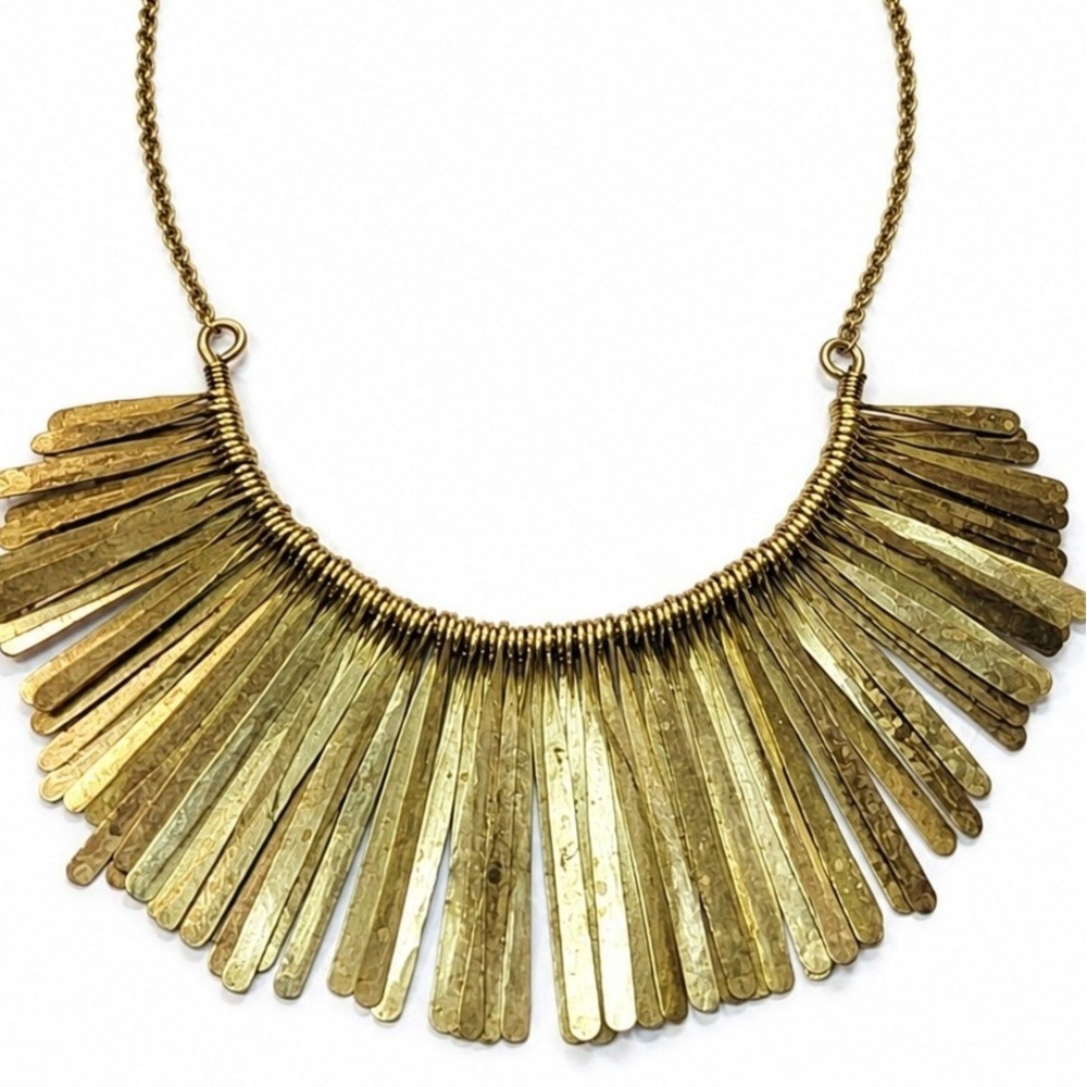 Vintage Hammered Brass Fringe Statement Necklace Boho Bib Collar Gold Tone